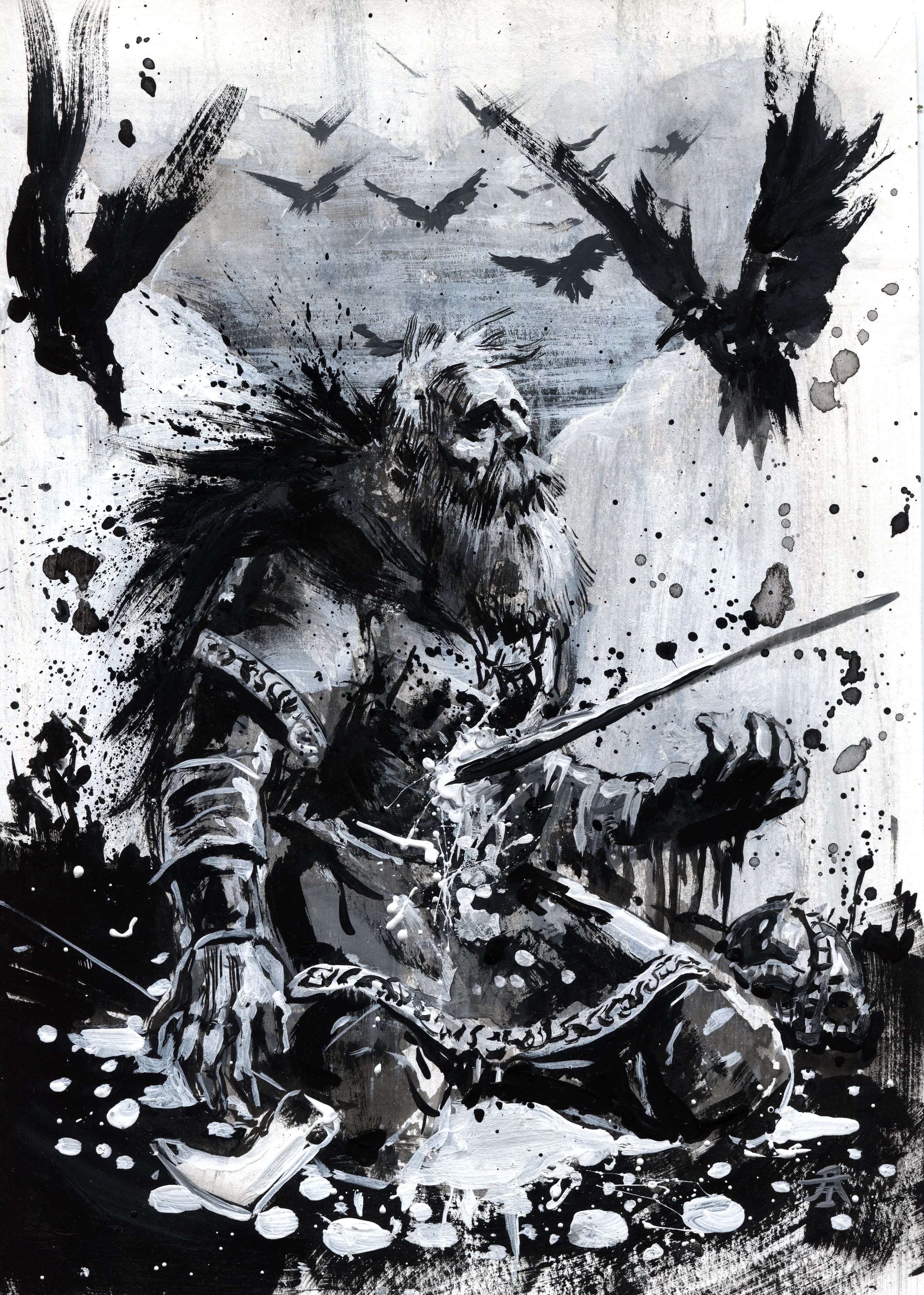 A wounded Viking warrior collapsing with spear and shield beneath a storm-dark sky